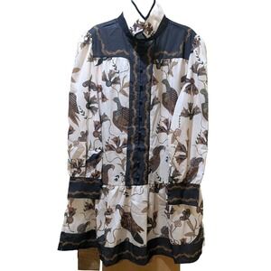 Linen Blend Button Down Dress Lantern Sleeve  Floral/Bird Pattern - Belt Missing